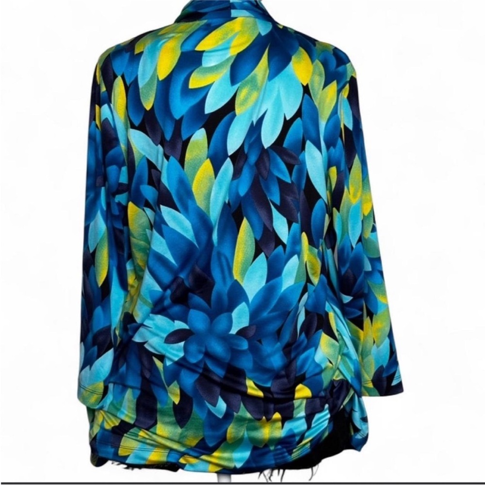 Blue & Green Feather-Print Tie-Front 2-In-1 Blouse - Picture 3 of 8